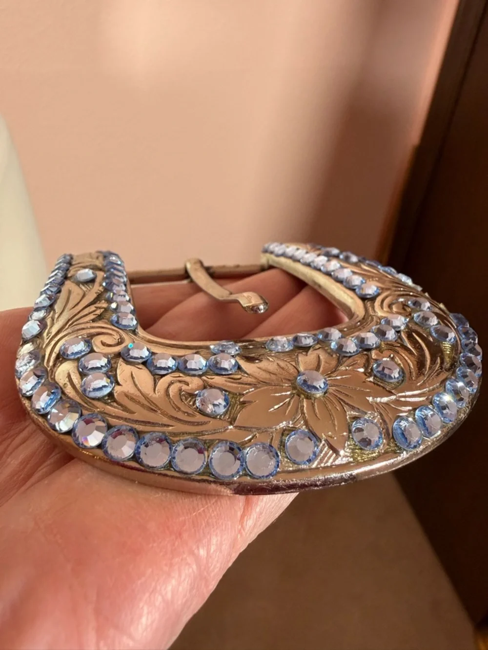 B.B. Simon Blue crystal Etched Silver Metal Oversized Western Belt Buckle